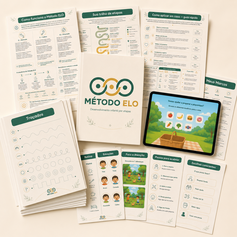 Material completo do Método ELO — manual, tablet e páginas de atividades e guias